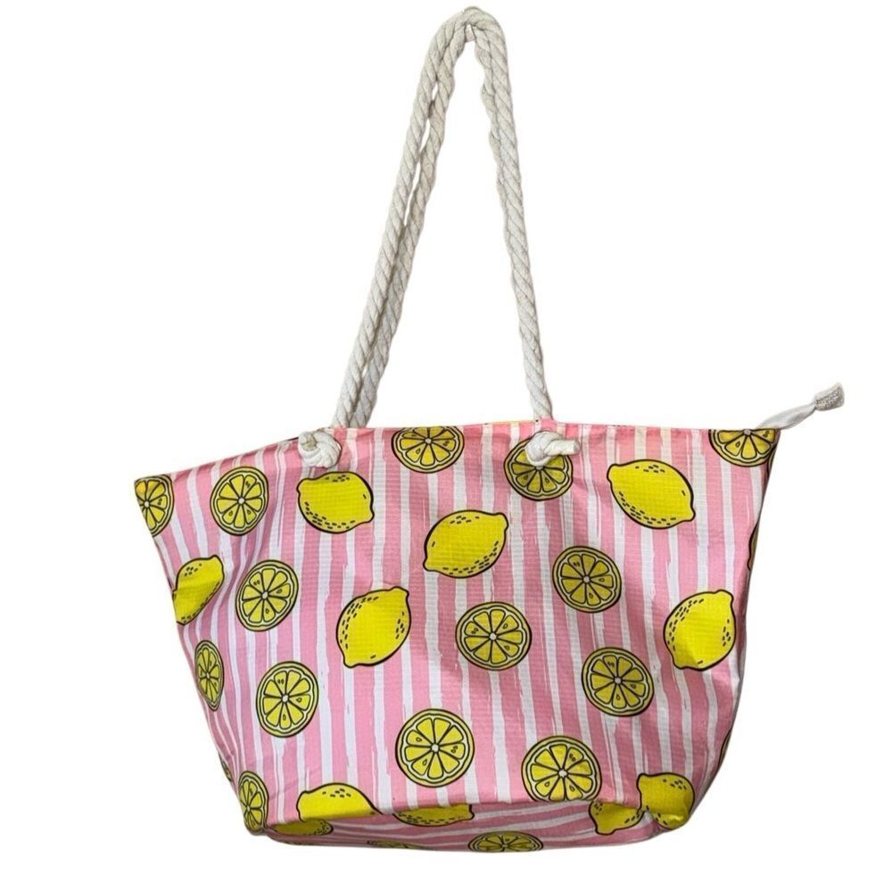 Lemon Citrus Print Pink & White Stripe Cooler Tote Bag